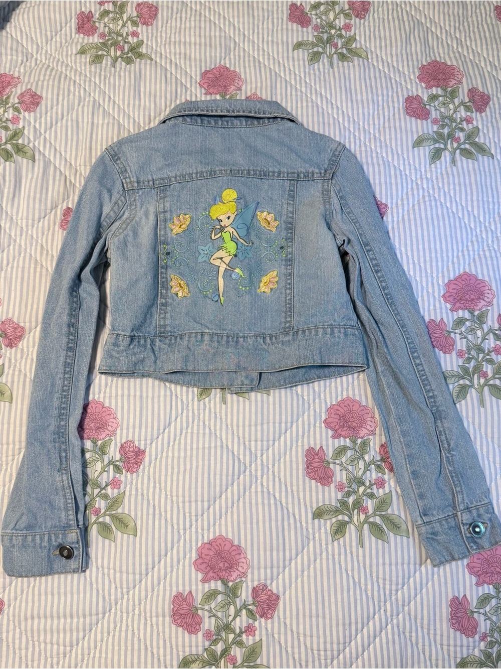 Disney Kids Light Blue Cropped Denim Jacket-TinkerBell